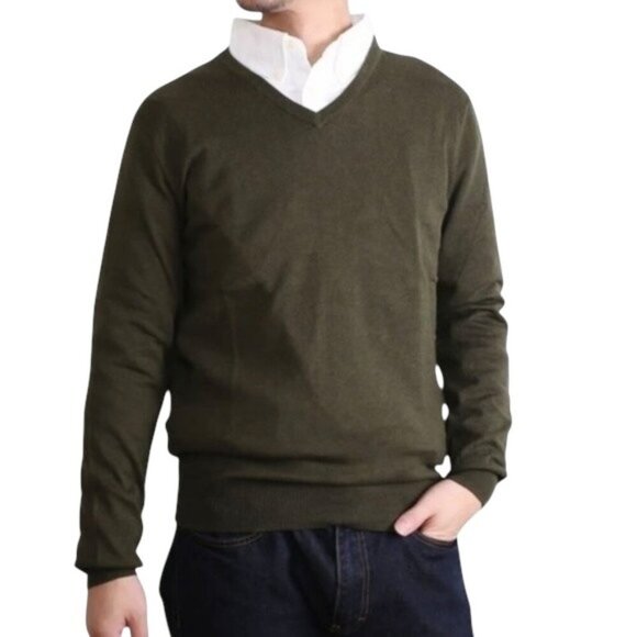 J. CREW Men's Olive Green Cotton-Cashmere V-Neck Sweater - Size Medium - Picture 1 of 8